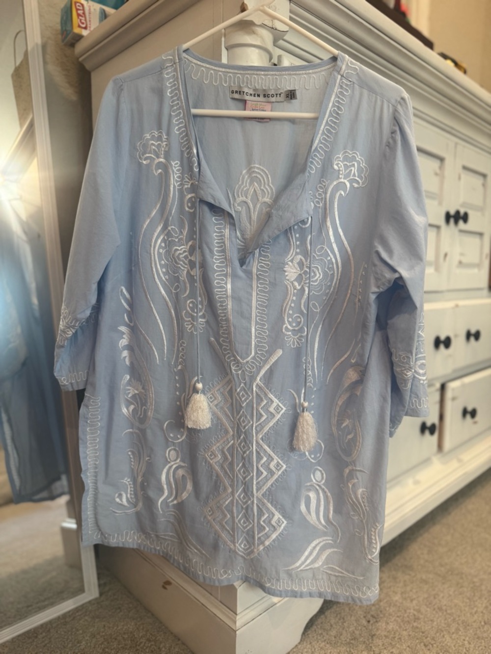 Gretchen Scott Designs Pale Blue Embroidered Tassel Tunic